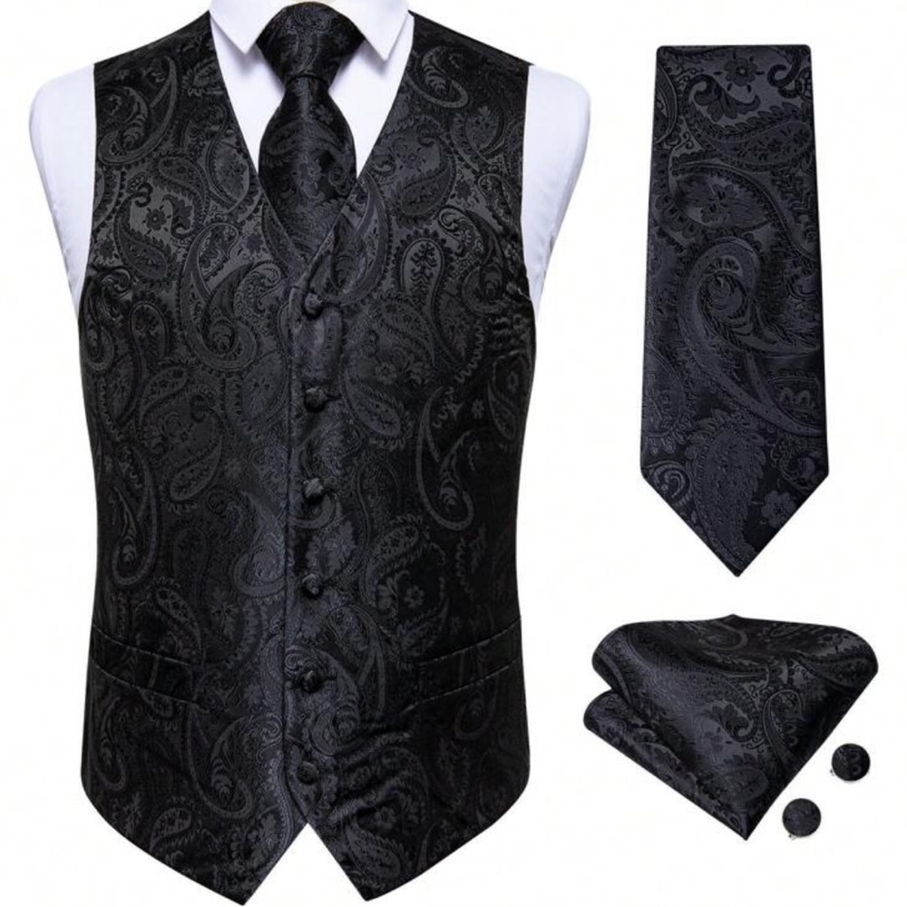 Black Paisley Men's Vest, Tie & Pocket Square Set